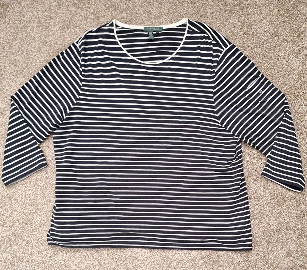 Lauren Ralph Lauren Navy White Striped Knit T-Shirt 94% Cotton Short Sleeve 2X